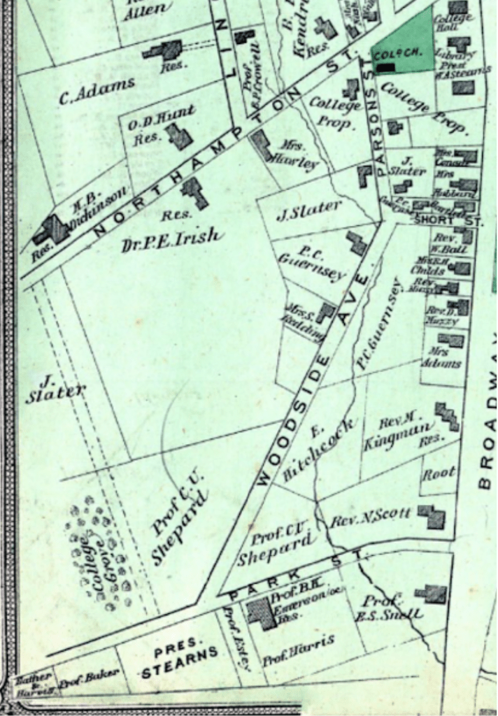 Portion of 1873 map of the town of Amherst showing a piece of undeveloped land named "College Grove" next to land owned by President Stearns. 