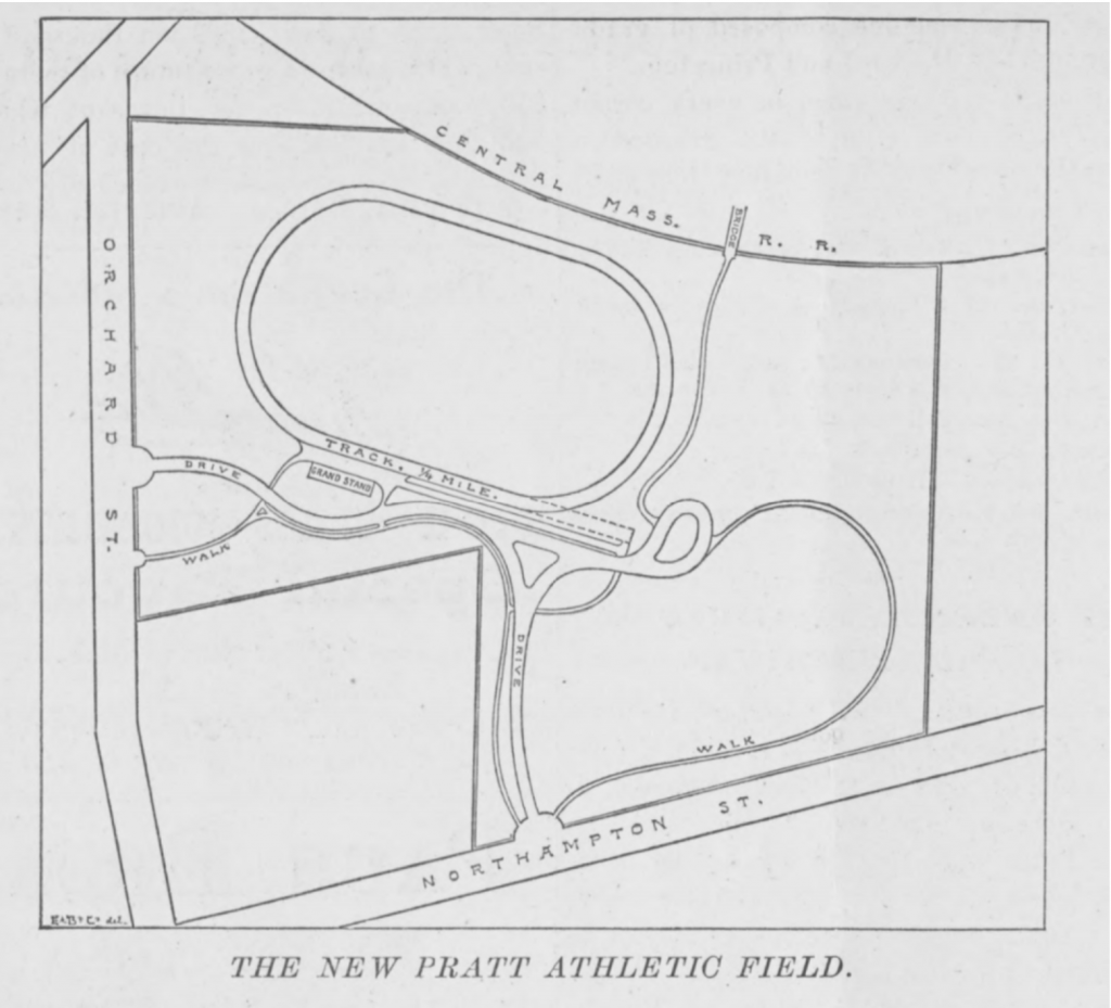 Drawing of Pratt Field showing the athletic facilities and walkways