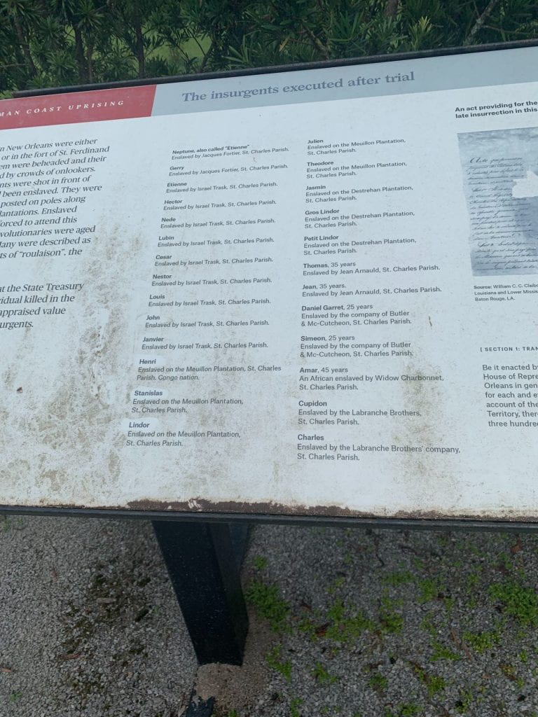 Portion of sign at Whitney Plantation showing insurgents executed after trial
