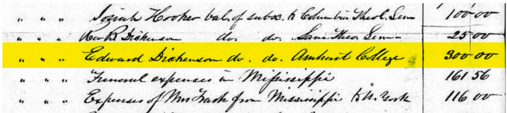 Highlighted portion of Trask's will showing $300 debt to Amherst College