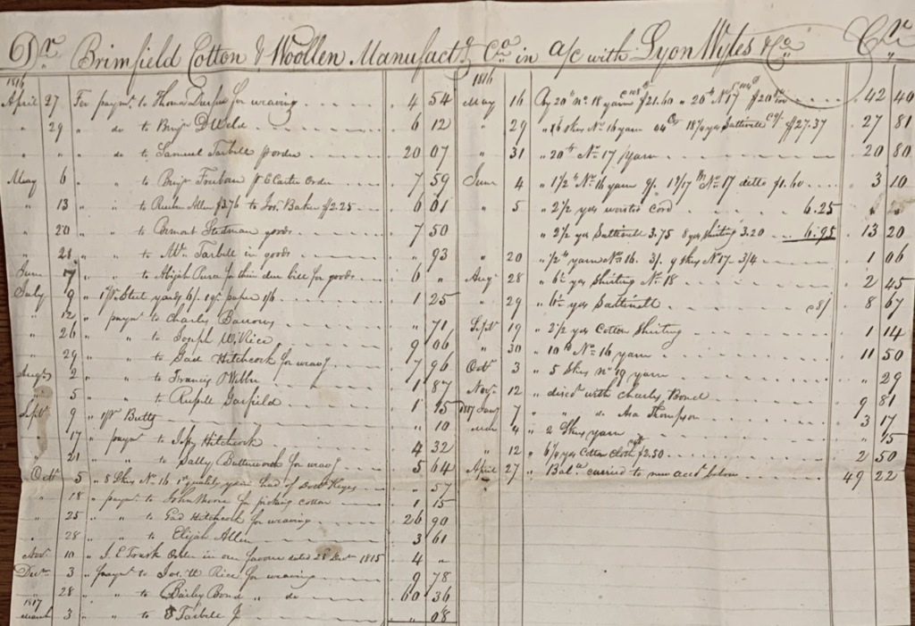 Brimfield Cotton and Woolen Manufacturing Company's account with Lyon, Wiles, and Co.